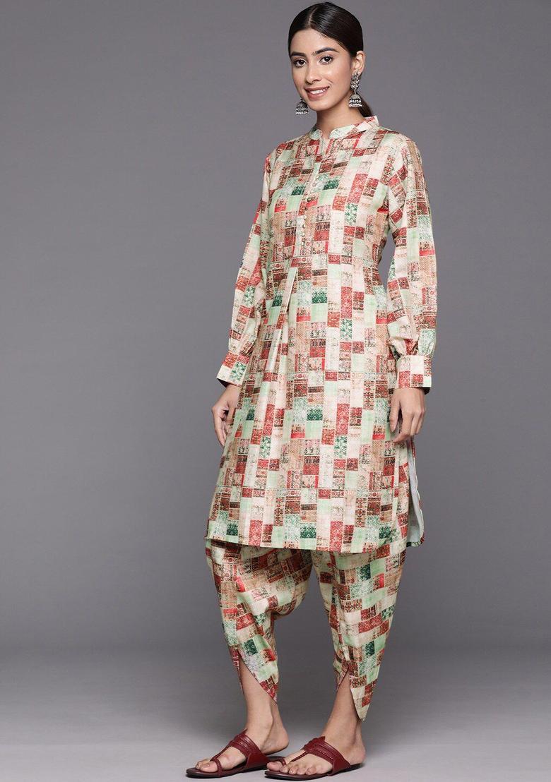 Beige Printed Viscose Kurta Set - Indya