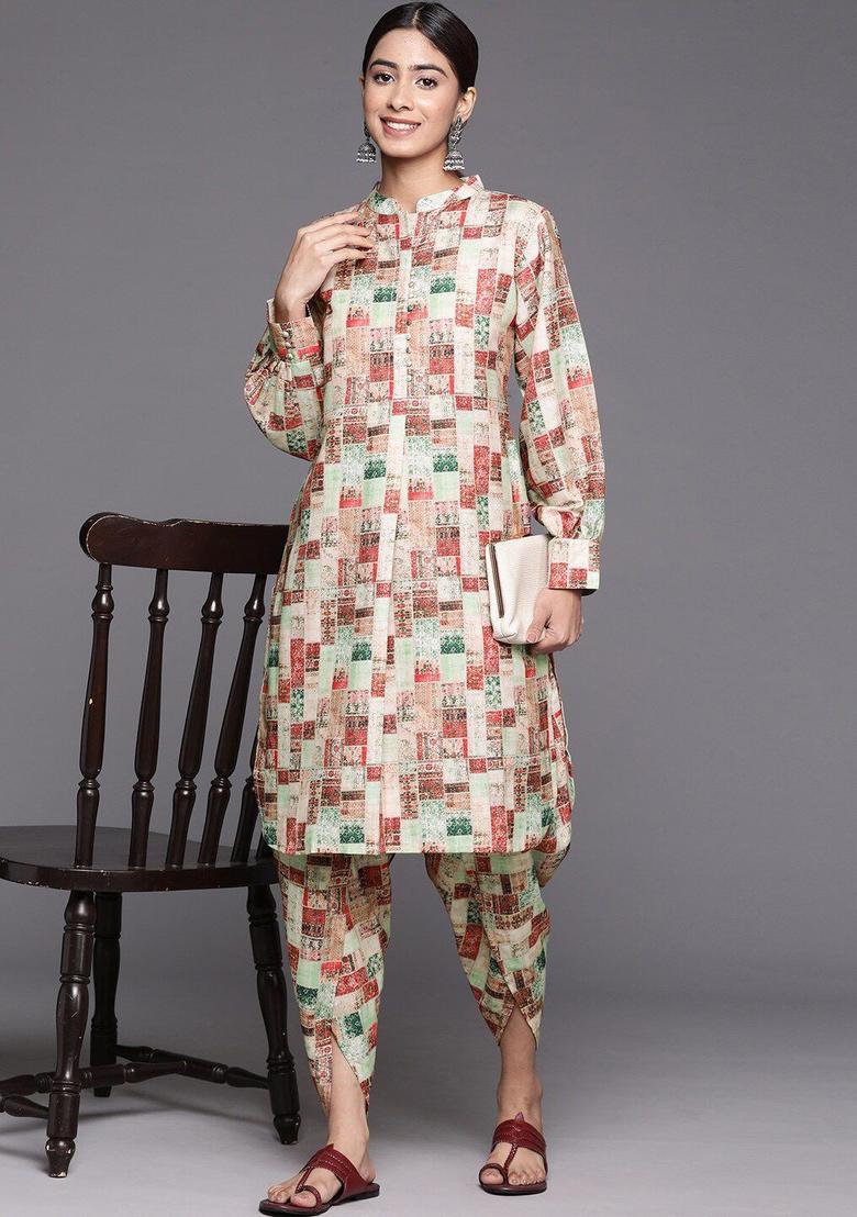 Beige Printed Viscose Kurta Set - Indya