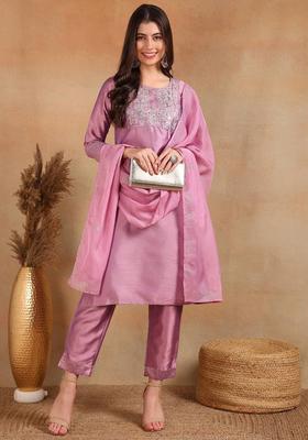 Lavender Yoke Design Silk Kurta Set