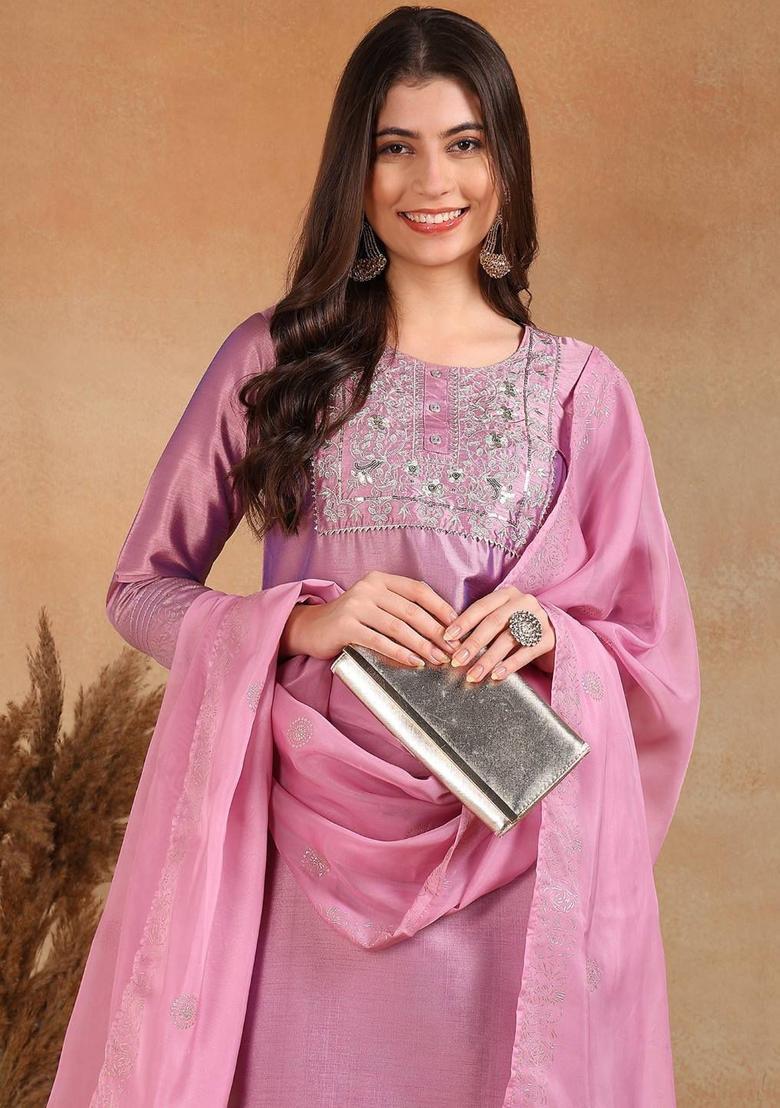 Lavender Yoke Design Silk Kurta Set - Indya