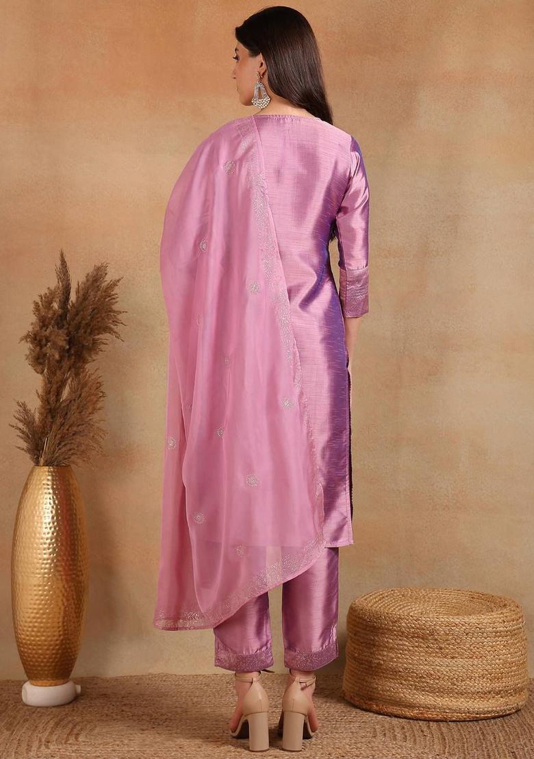 Lavender Yoke Design Silk Kurta Set - Indya