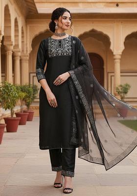 Black Yoke Design Silk Kurta Set