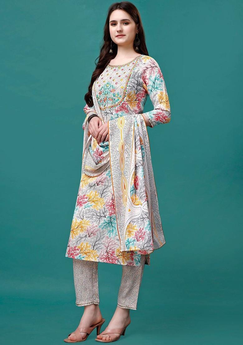White Embroidered Cotton Kurta Set - Indya