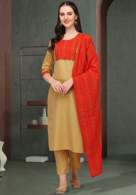 Cream Yoke Design Cotton Kurta Set