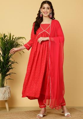Red Printed Viscose Anarkali Set