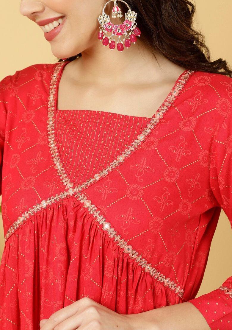 Red Printed Viscose Anarkali Set - Indya