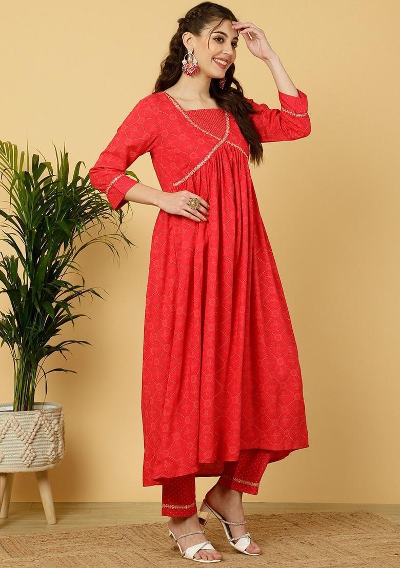 Red Printed Viscose Anarkali Set - Indya