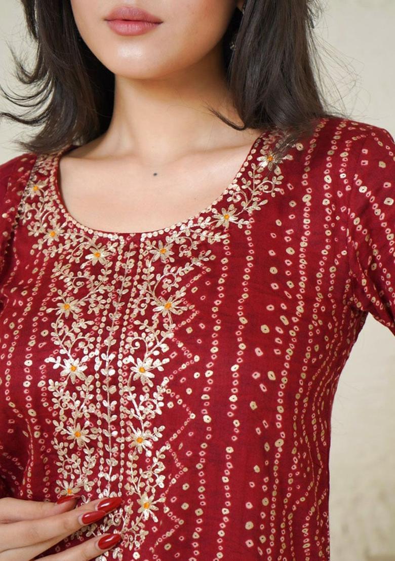 Maroon Printed Viscose Kurta Set - Indya
