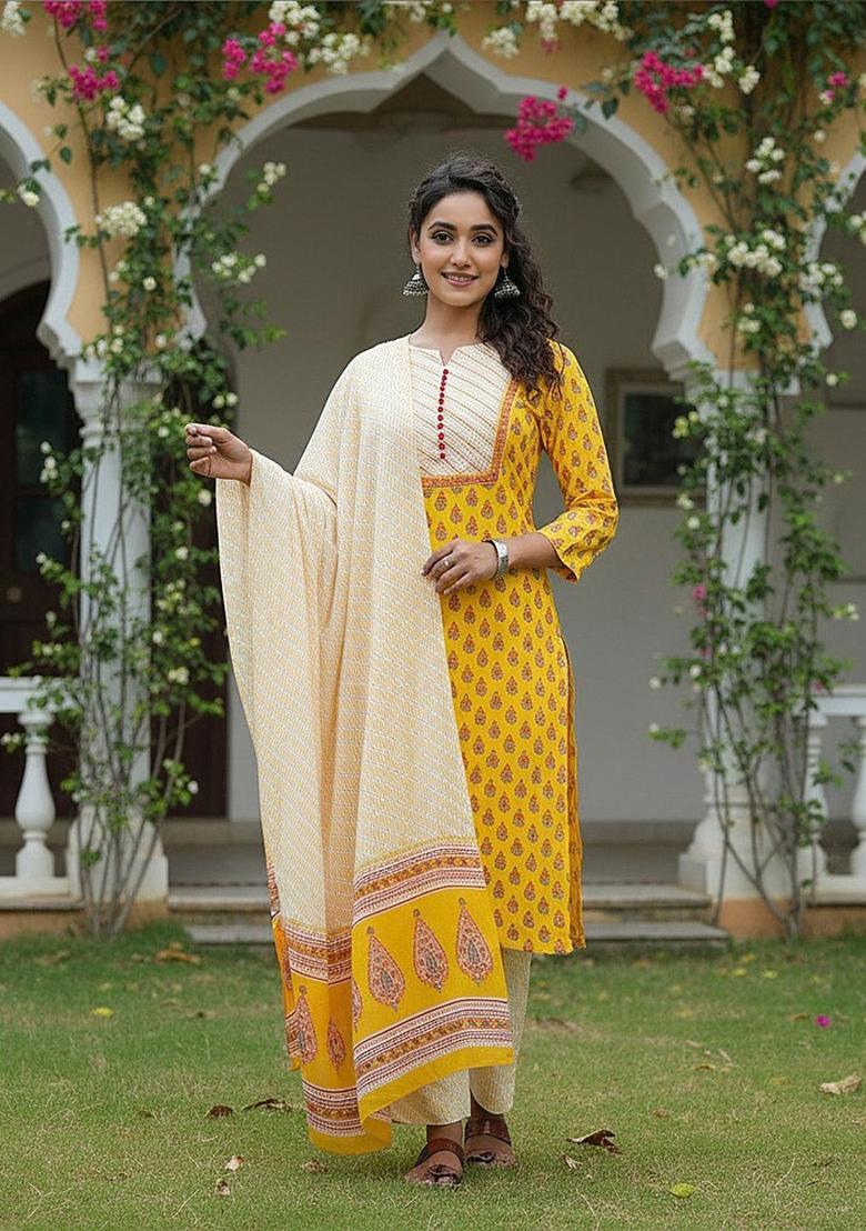 Yellow Printed Viscose Kurta Set - Indya