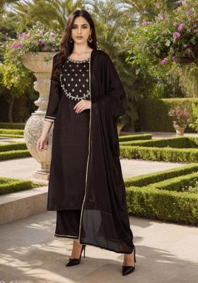Brown Yoke Design Silk Blend Kurta Set