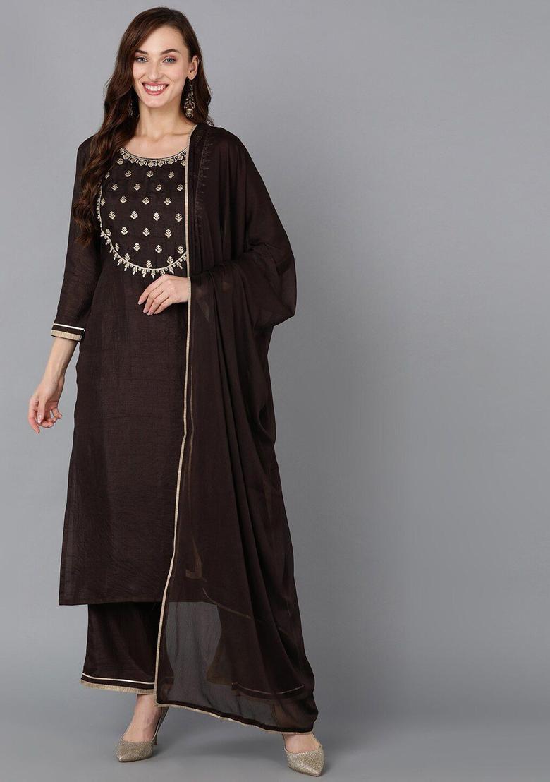 Brown Yoke Design Silk Kurta Set - Indya