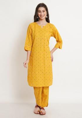 Yellow Printed Cotton Kurta Set