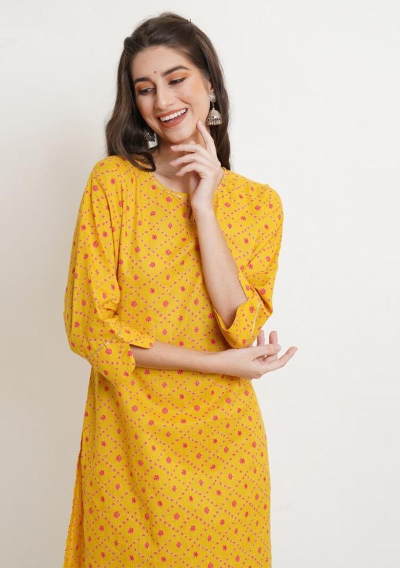 Yellow Printed Cotton Kurta Set - Indya