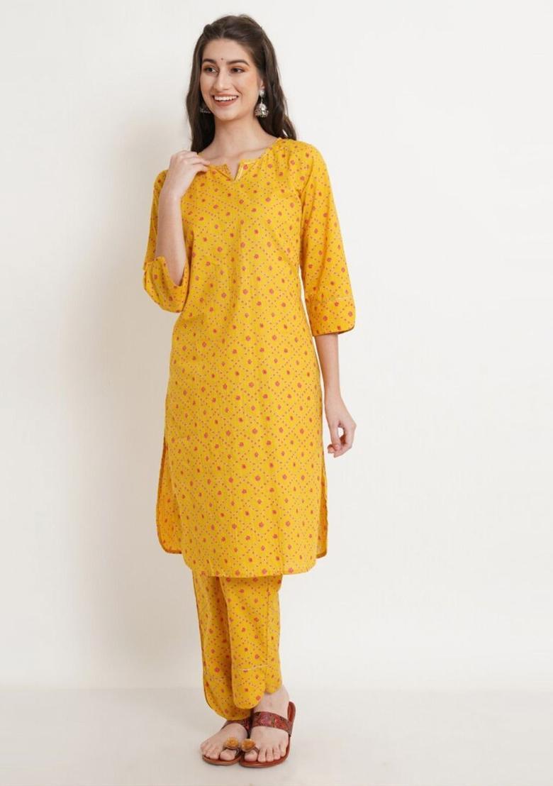 Yellow Printed Cotton Kurta Set - Indya