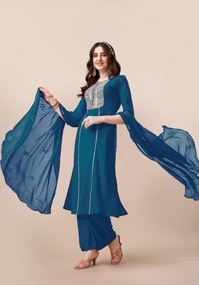 Teal Yoke Design Silk Kurta Set