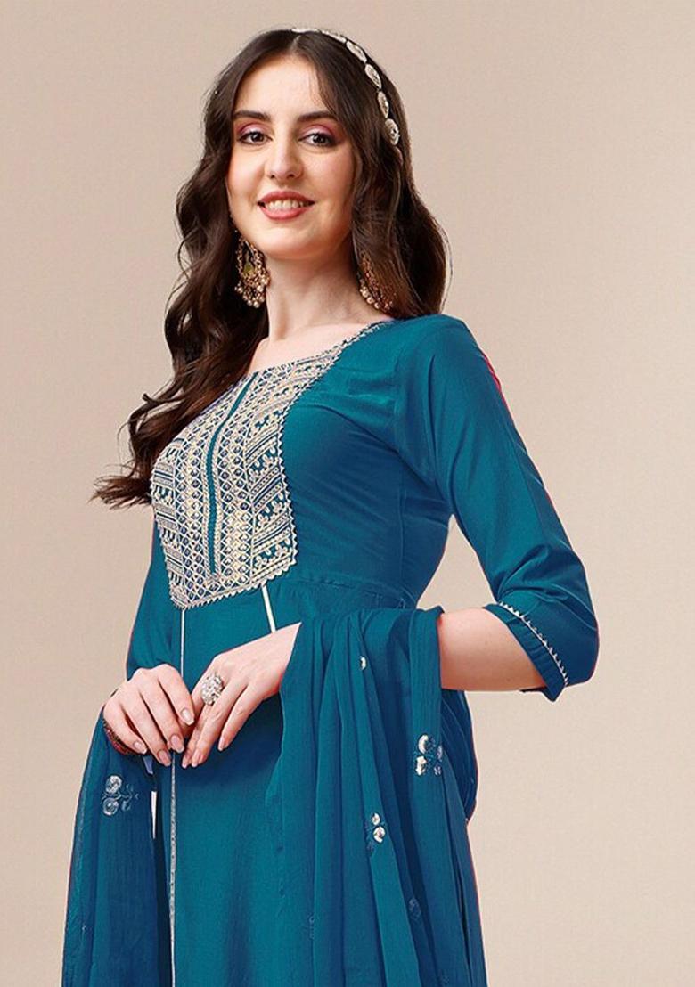 Teal Yoke Design Silk Kurta Set - Indya