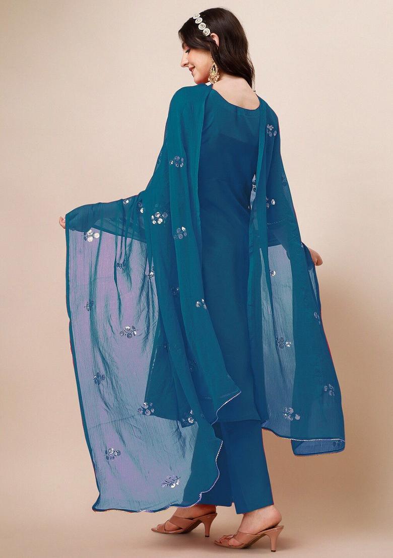 Teal Yoke Design Silk Kurta Set - Indya