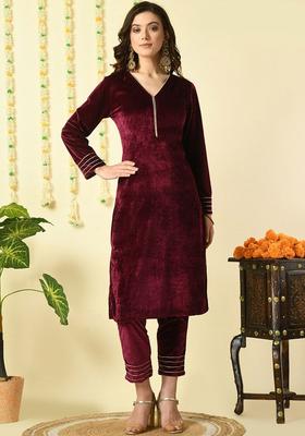 Magenta Solid Velvet Kurta Set