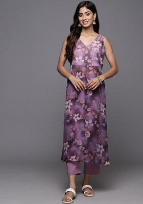 Lavender Printed Silk Kurta Set