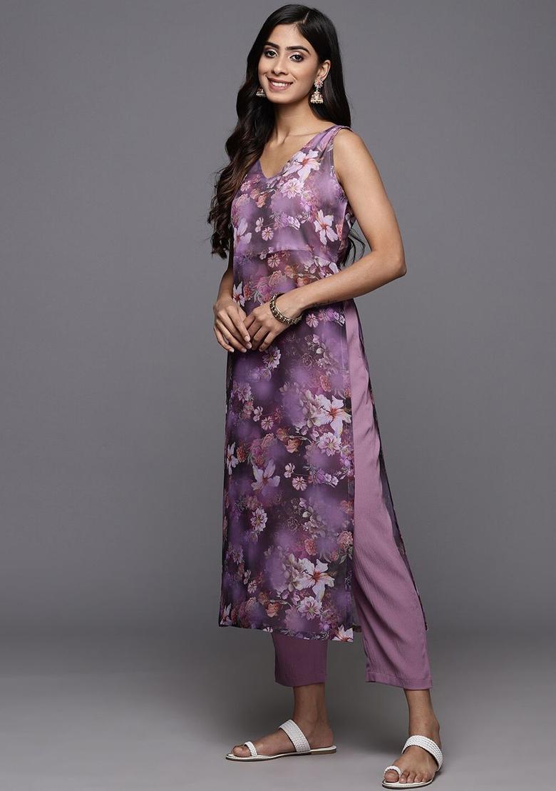 Lavender Printed Silk Kurta Set - Indya