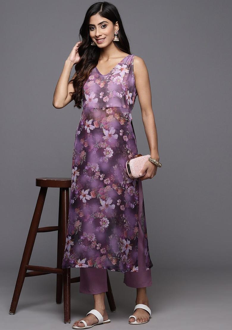 Lavender Printed Silk Kurta Set - Indya
