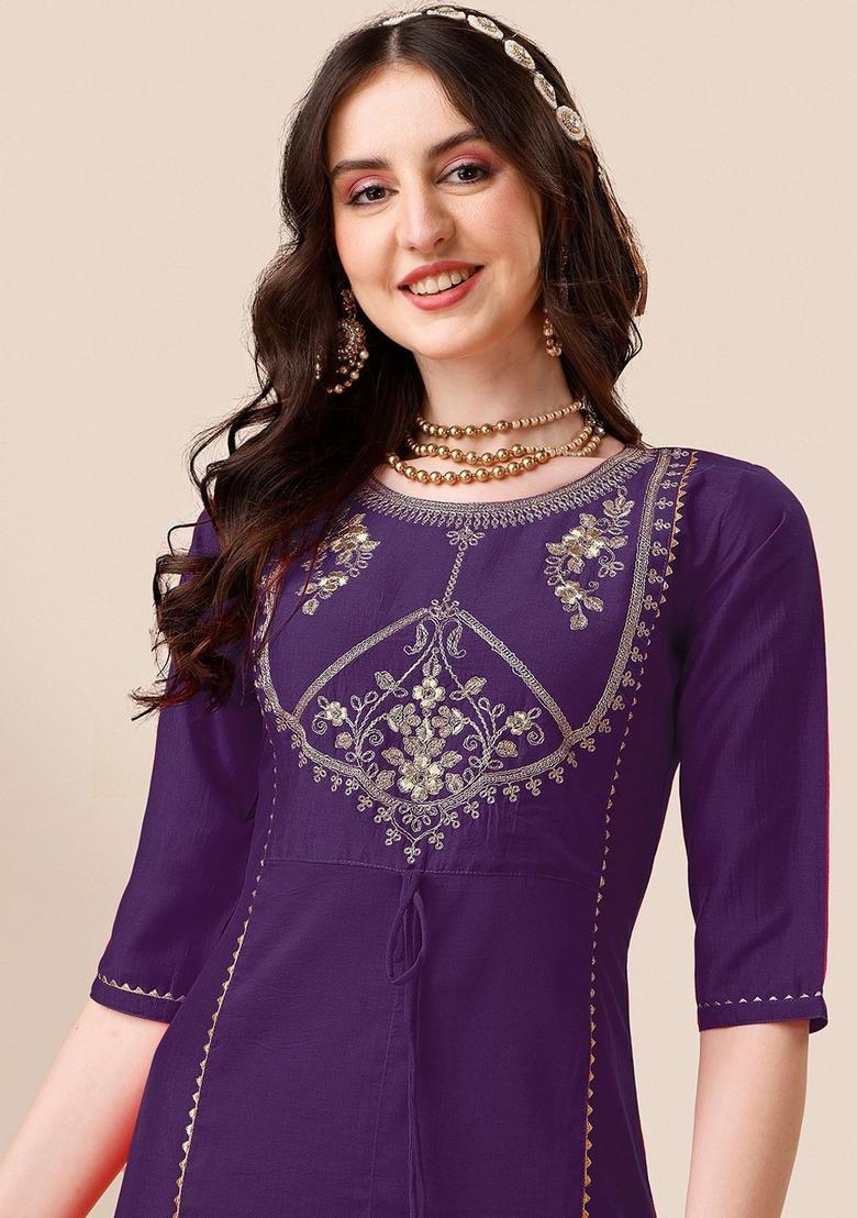 Lavender Yoke Design Silk Kurta Set - Indya