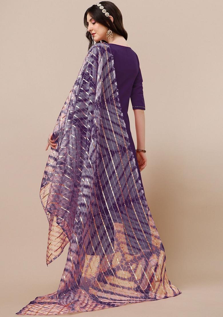 Lavender Yoke Design Silk Kurta Set - Indya