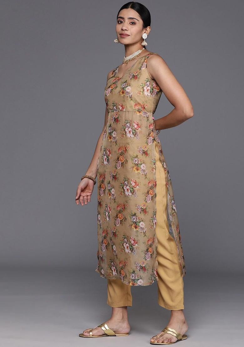 Beige Printed Silk Kurta Set - Indya
