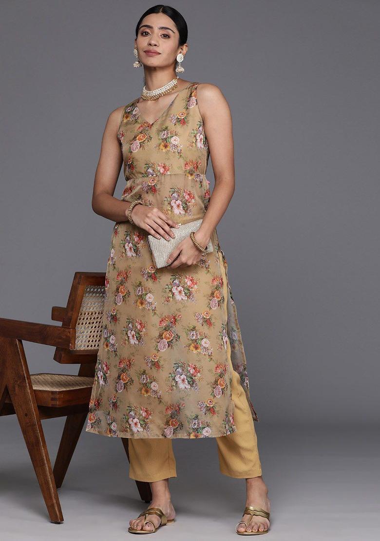 Beige Printed Silk Kurta Set - Indya
