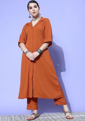 Rust Solid Silk Kurta Set