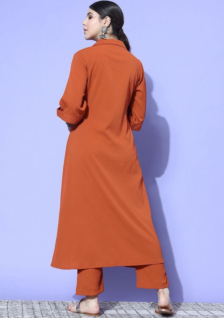 Rust Solid Silk Kurta Set - Indya