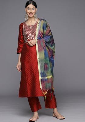 Maroon Woven Design Silk Blend Kurta Set