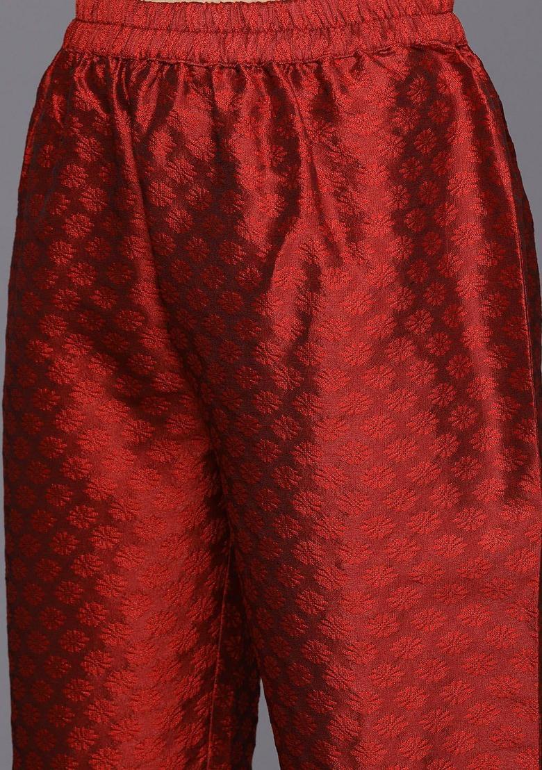Maroon Woven Design Silk Kurta Set - Indya