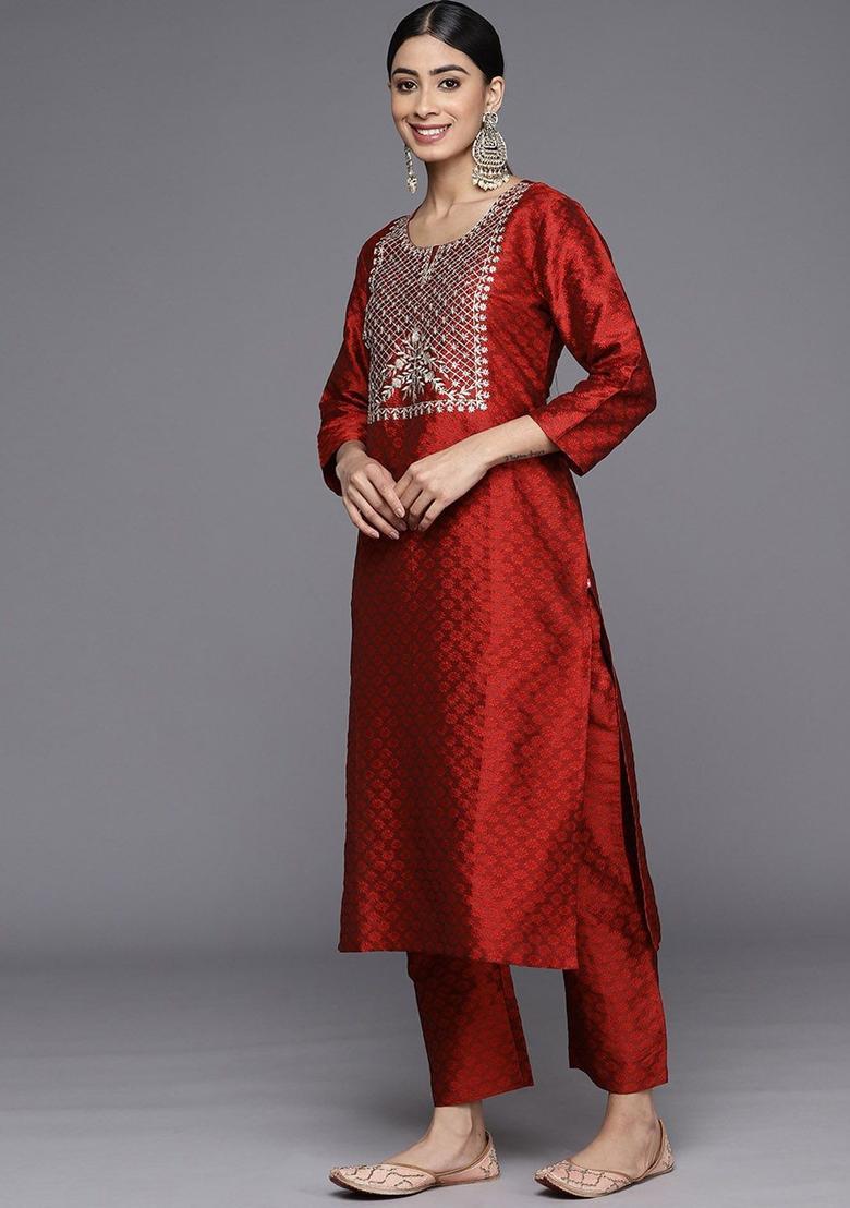 Maroon Woven Design Silk Kurta Set - Indya