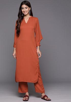 Rust Solid Silk Kurta Set