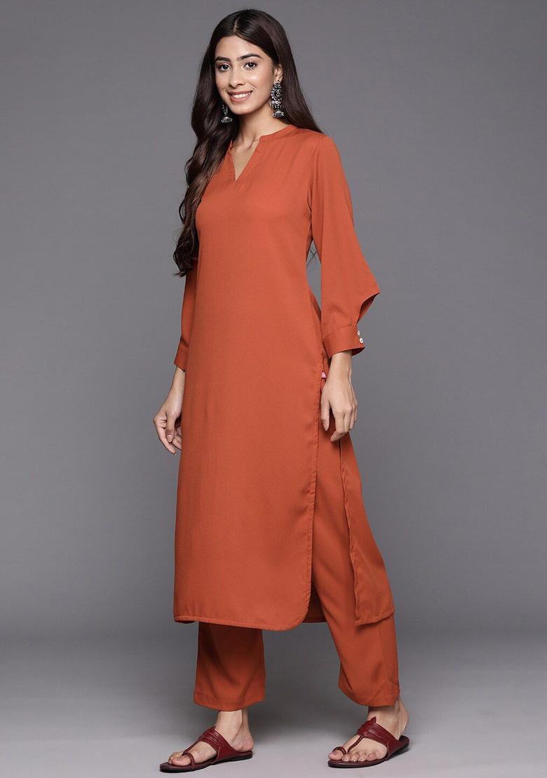 Rust Solid Silk Kurta Set - Indya