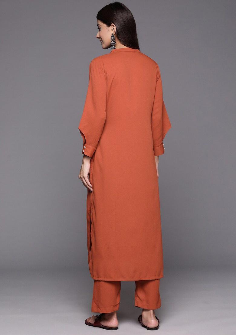 Rust Solid Silk Kurta Set - Indya