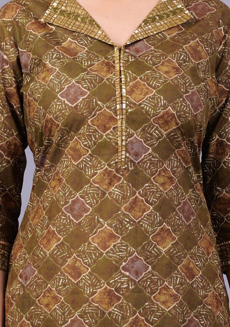 Green Printed Cotton Kurta Set - Indya