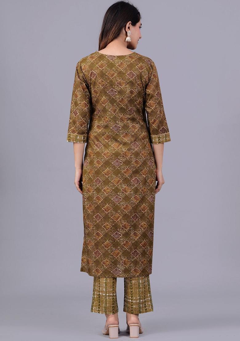 Green Printed Cotton Kurta Set - Indya