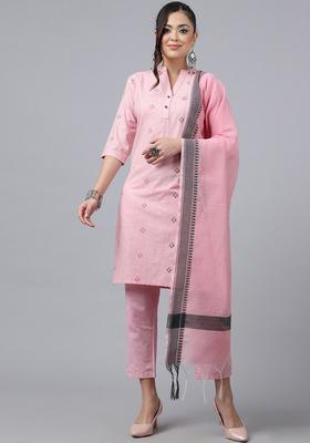 Pink Woven Design Cotton Kurta Set