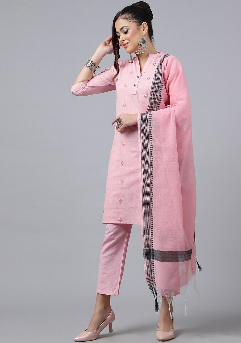 Pink Woven Design Cotton Kurta Set - Indya