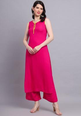 Pink Solid Viscose Kurta Set