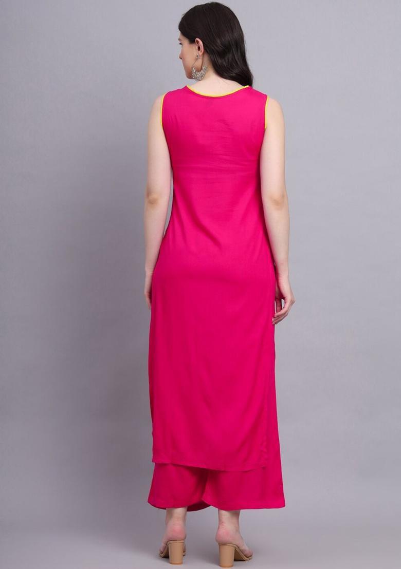 Pink Solid Viscose Kurta Set - Indya