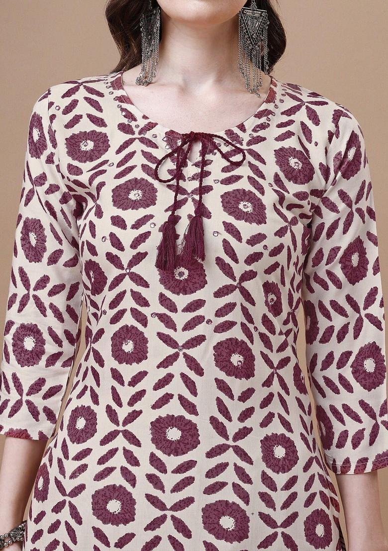 Magenta Printed Cotton Kurta Set - Indya