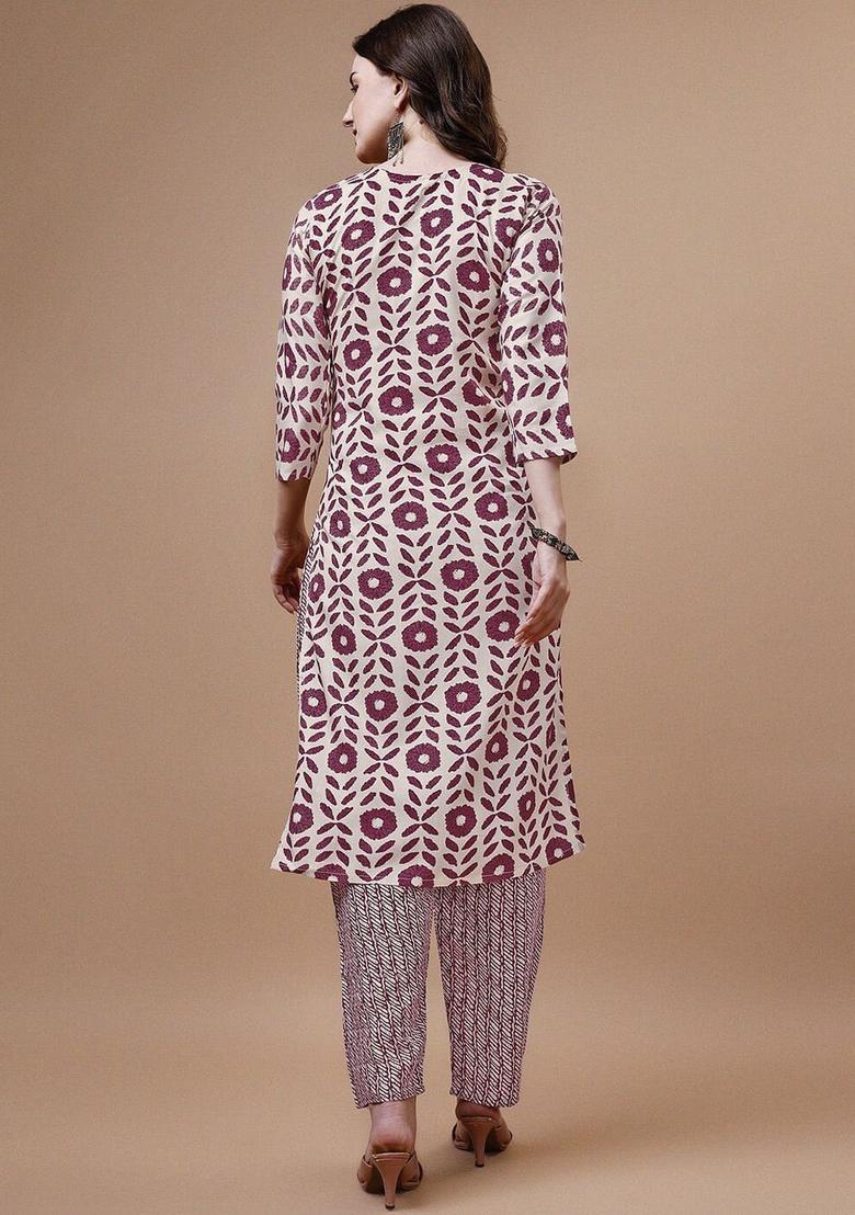 Magenta Printed Cotton Kurta Set - Indya