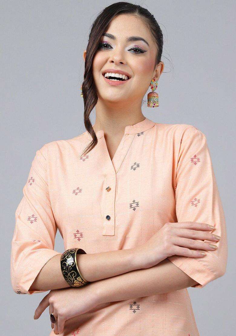 Orange Woven Design Cotton Kurta Set - Indya