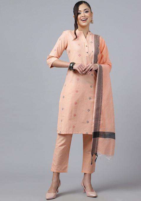 Orange Woven Design Cotton Kurta Set