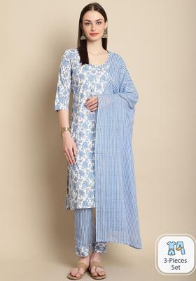 Blue Printed Viscose Kurta Set