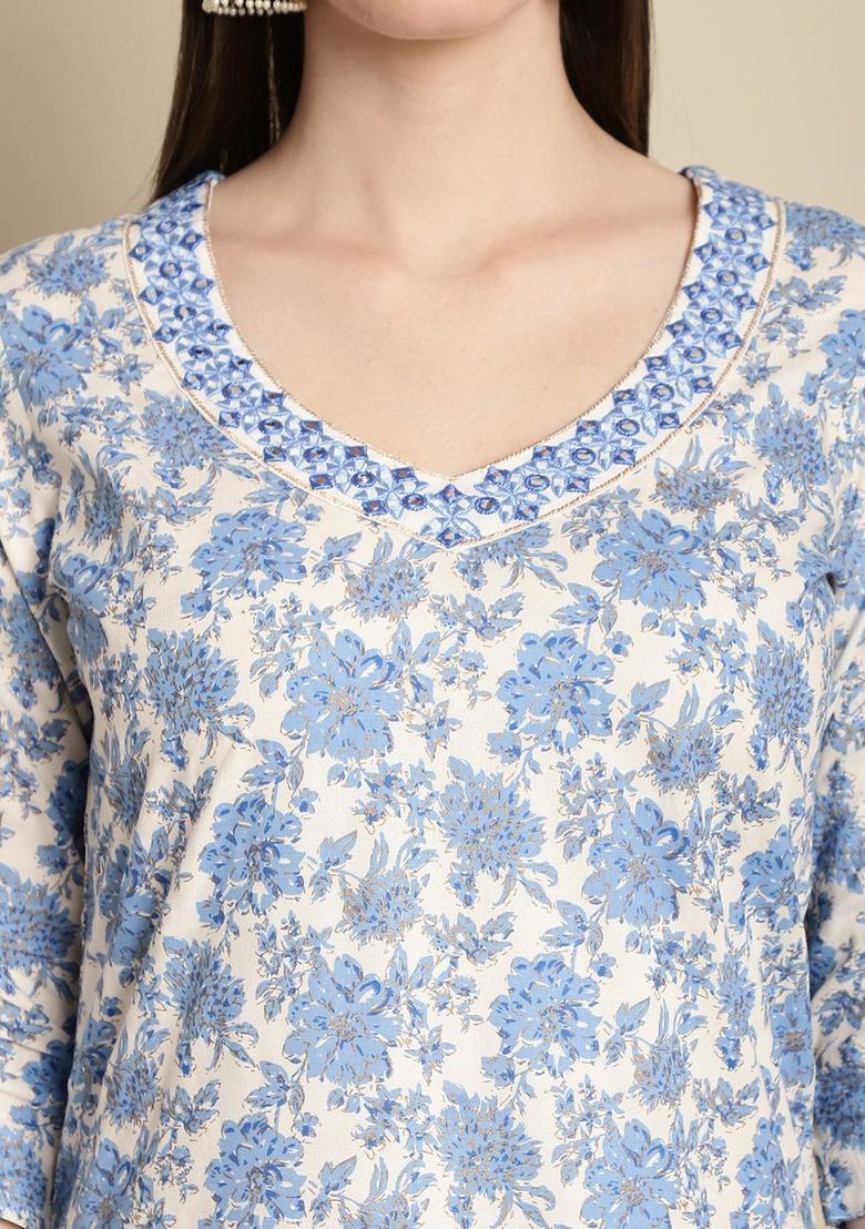 Blue Printed Viscose Kurta Set - Indya