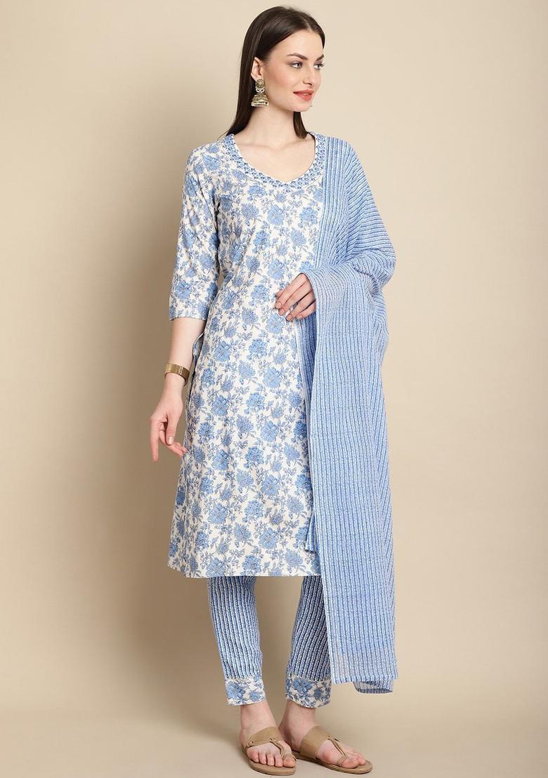 Blue Printed Viscose Kurta Set - Indya